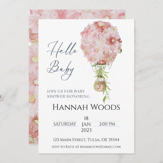 ホットエアバルーンピンクフローラベビーシャワー 招待状 (正面/裏面)