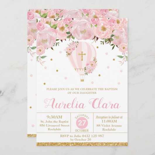 ホットエアバルーンピンクフローラ洗礼《キリスト教》洗礼式や命名式 招待状 (正面/裏面)