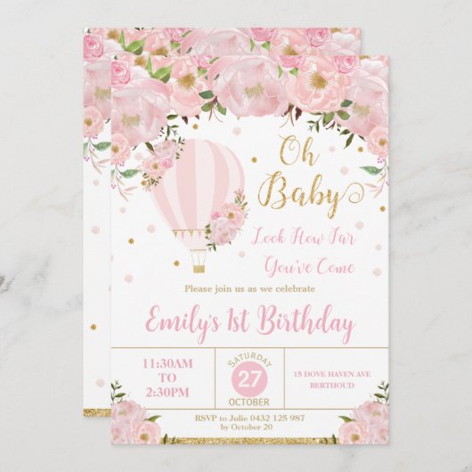 ホットエアバルーンピンクフローラ花1st誕生日 招待状 (正面/裏面)