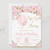ホットエアバルーンピンクフローラ花1st誕生日 招待状 (正面)