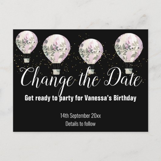 ホットエアバルーンピンク日付変更ブラック 案内ポストカード (正面)