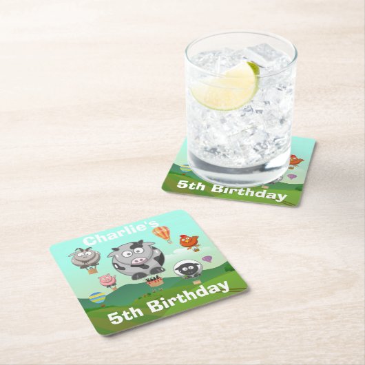 ホットエアバルーンファーム動物カスタム誕生日 スクエアペーパーコースター (インサイチュ)