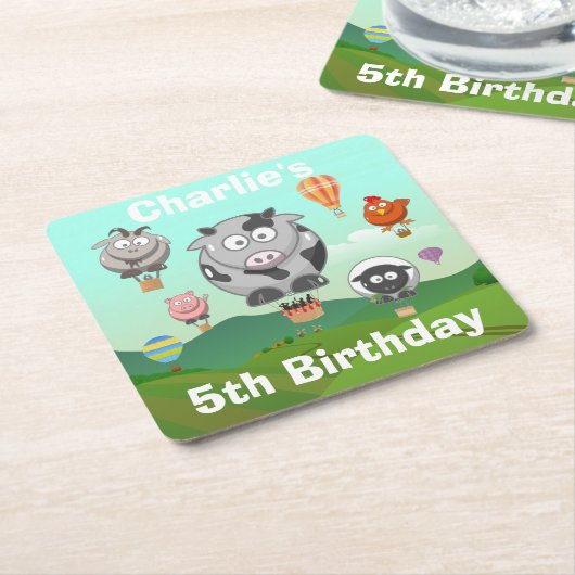 ホットエアバルーンファーム動物カスタム誕生日 スクエアペーパーコースター (アングル)