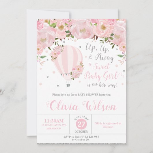 ホットエアバルーンフローラベビーシャワーガールシルバー 招待状 (正面)