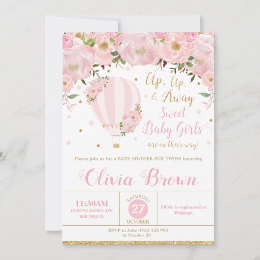 ホットエアバルーンフローラベビーシャワーツインガールズ 招待状 (正面)