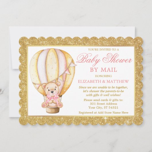ホットエアバルーンベアグリッターピンクシャワーbyメール 招待状 (正面)