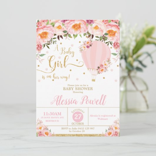 ホットエアバルーンベビーシャワー赤面フローラベビーガール 招待状 (スタンド正面)