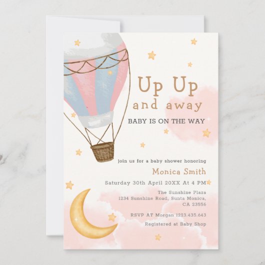 ホットエアバルーンムーンスターズ女の子ベビーシャワー 招待状 (正面)