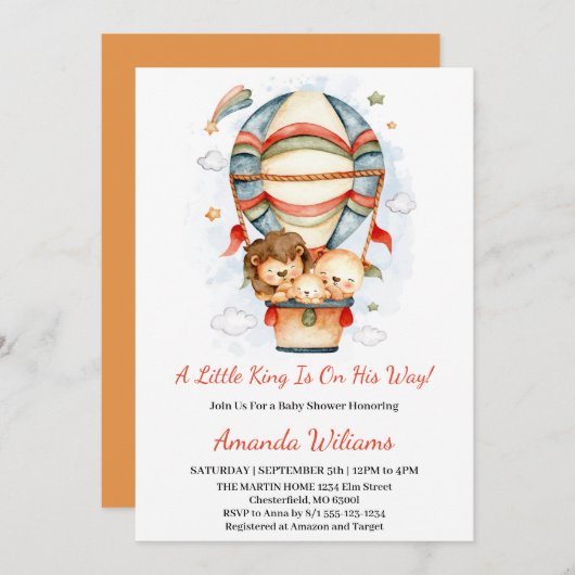 ホットエアバルーンリトルキングライオンベビーシャワー 招待状 (正面/裏面)