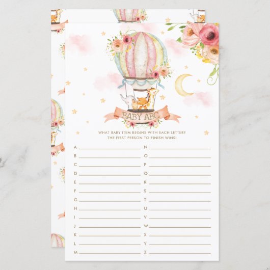ホットエアバルーン動物ベビーABCベビーシャワーゲーム (正面/裏面)
