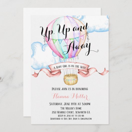 ホットエアバルーン招待状ベビーガールシャワー 招待状 (正面/裏面)