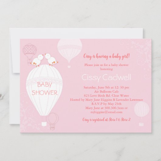 ホットエアバルーン柔らかいピンクの赤ちゃん女の子ベビーシャワー 招待状 (正面)