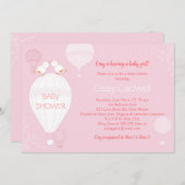 ホットエアバルーン柔らかいピンクの赤ちゃん女の子ベビーシャワー 招待状 (正面/裏面)
