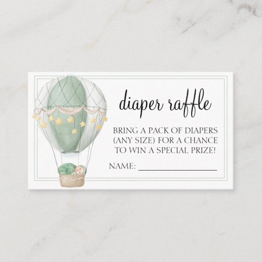 ホットエアバルーン緑の赤ちゃんシャワーおむつラッフルエン エンクロージャーカード (正面)