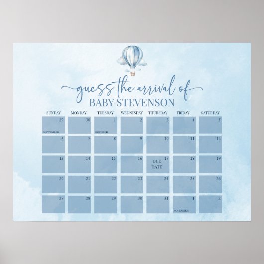 ホットエアバルーン赤ちゃんシャワー期日カレンダーのサイン ポスター (正面)