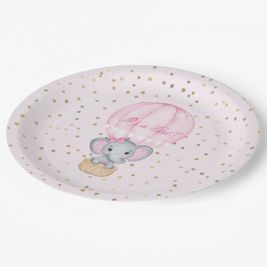 ホットエアバルーン赤ちゃん女の子ゾウ赤ちゃんシャワー ペーパープレート (アングル)