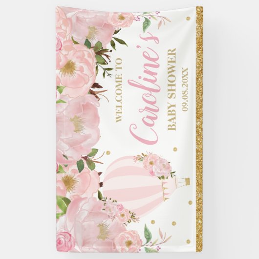 ホットエアバルーン赤面ピンクフローラバックドロップようこそ 横断幕 (縦)