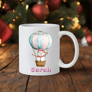 ホットエアバルーン雪だるま名前をカスタムするクリスマス コーヒーマグカップ