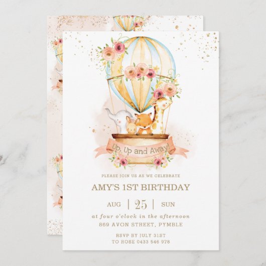 ホットエアバルーン1歳誕生日ジャングル動物ガール 招待状 (正面/裏面)