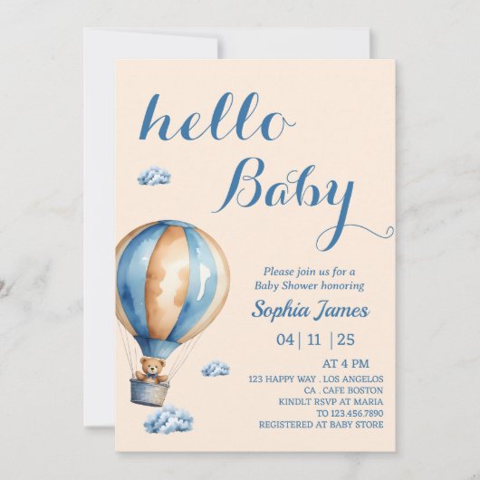 ホットエアバルーン – かわいいテディベア赤ちゃんシャワー 招待状 (正面)