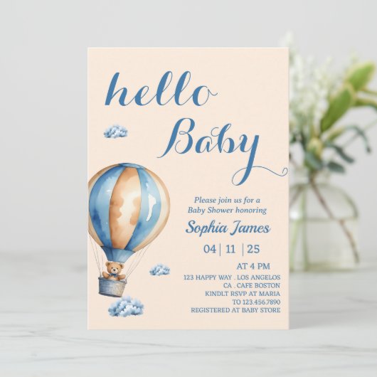 ホットエアバルーン – かわいいテディベア赤ちゃんシャワー 招待状 (スタンド正面)