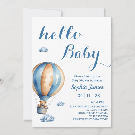 ホットエアバルーン – かわいいテディベア赤ちゃんシャワー 招待状 (正面)