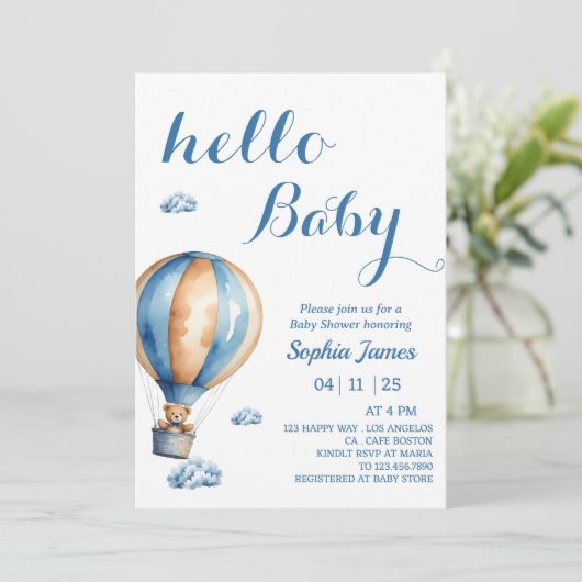 ホットエアバルーン – かわいいテディベア赤ちゃんシャワー 招待状 (スタンド正面)
