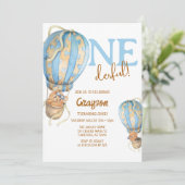 ホットエアバルーン ブルー ボホ 1歳誕生日招待状 招待状 (スタンド正面)