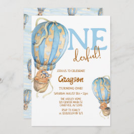 ホットエアバルーン ブルー ボホ 1歳誕生日招待状 招待状