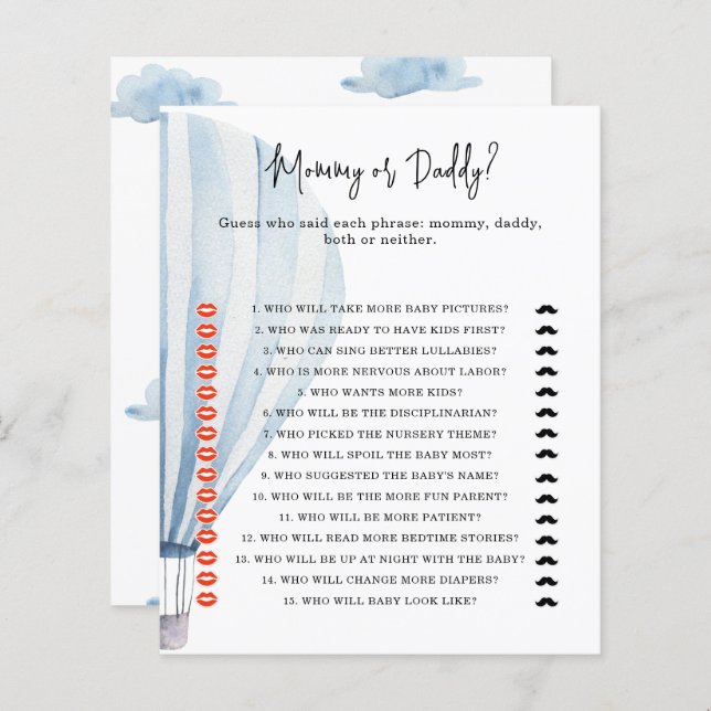 ホットエアバルーン – ママまたはパパの赤ちゃんシャワーゲーム (正面/裏面)