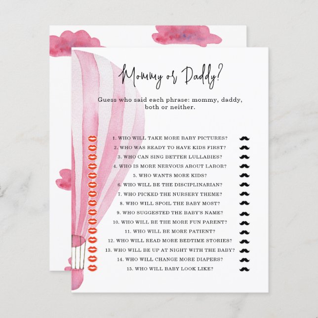 ホットエアバルーン – ママまたはパパの赤ちゃんシャワーゲーム (正面/裏面)