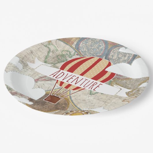 ホットエアバルーン&ワールドマップヴィンテージアドベンチャー ペーパープレート (アングル)