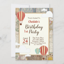 ホットエアバルーン&ワールドマップヴィンテージアドベンチャー 招待状