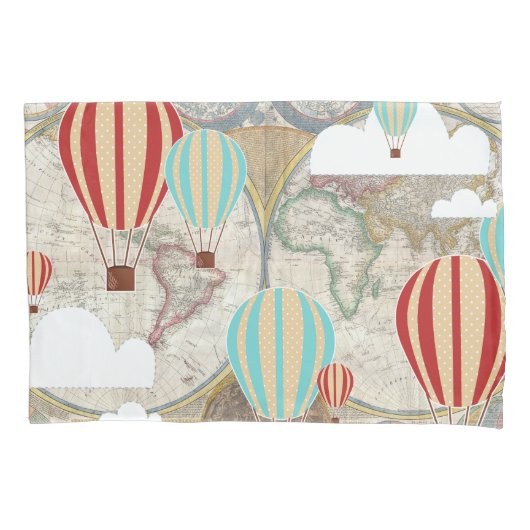 ホットエアバルーン&ワールドマップヴィンテージアドベンチャー 枕カバー (正面)