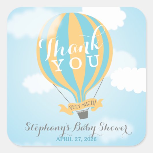ホットエアブルーイエローバルーンありがとうシール スクエアシール (正面)