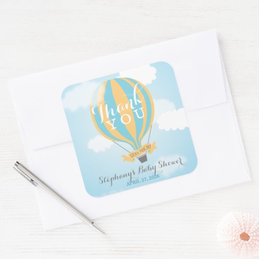 ホットエアブルーイエローバルーンありがとうシール スクエアシール (封筒)