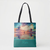 ホットエカッコいいアバルーン日の出ティール(緑がかった色)あなたの名前 トートバッグ (正面)