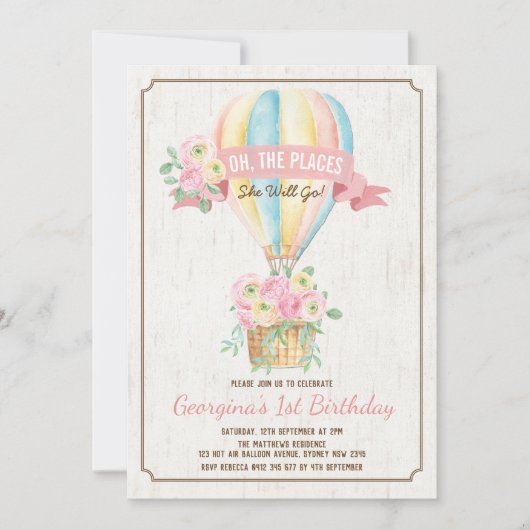 ホットエガーリーアバルーンフローラガール誕生日 招待状 (正面)