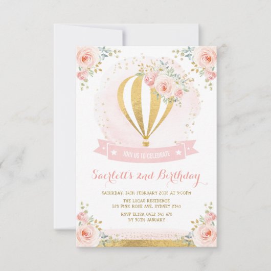 ホットエガーリーアバルーン金ゴールドフローラ誕生日 招待状 (正面)