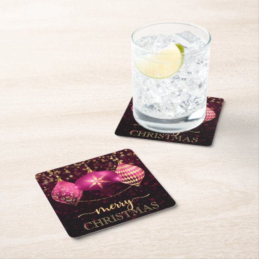 ホットエレガントピンクと金ゴールドバウブルメリークリスマス スクエアペーパーコースター (インサイチュ)