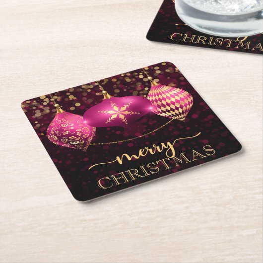 ホットエレガントピンクと金ゴールドバウブルメリークリスマス スクエアペーパーコースター (アングル)