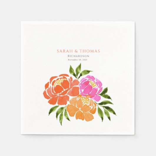 ホットエレガントピンクオレンジ色のフローラカラフル スタンダードカクテルナプキン (正面)