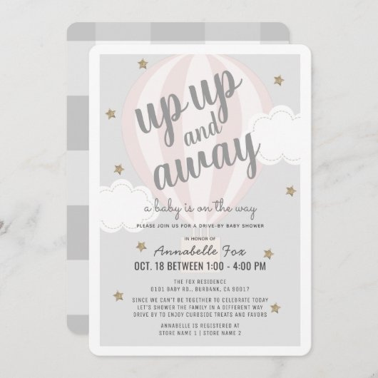 ホットエ遠くにアバルーンピンクのドライブバイベビーシャワー 招待状 (正面/裏面)