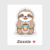 ホットカップのコーヒーシールを持つ笑顔のナマケモノ シール (シート)