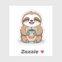 ホットカップのコーヒーシールを持つ笑顔のナマケモノ シール