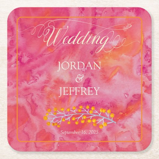 ホットカラーロマンチック結婚ズ スクエアペーパーコースター (正面)