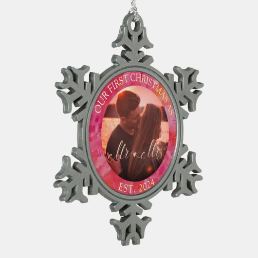 ホットカラー初めてのクリスマスミスターとミセス スノーフレークピューターオーナメント (左)