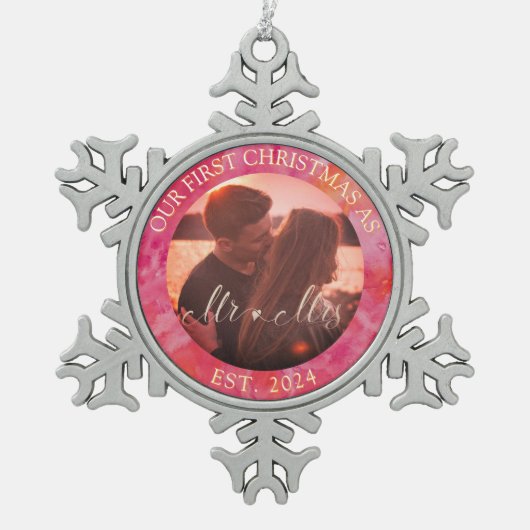 ホットカラー初めてのクリスマスミスターとミセス スノーフレークピューターオーナメント (正面)