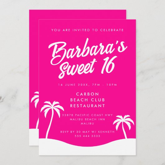 ホットガーリーピンクサマービーチパーティースウィート16 招待状 (正面/裏面)