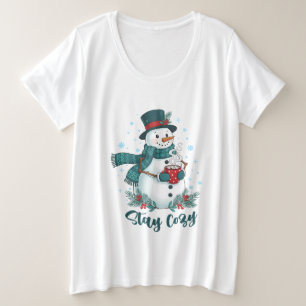 ホットココアとウィンタースノーマンで温かく プラスサイズTシャツ